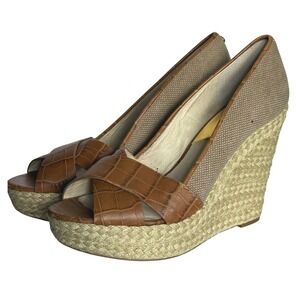 Michael Kors Croc Embossed Leather Espadrille Platform Wedge Sandals Peep Toe 10